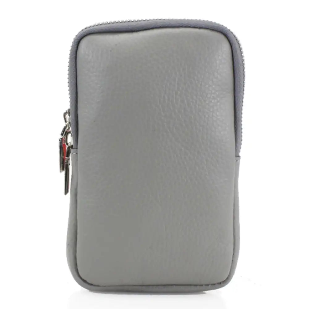 A gray pebbled leather pouch with a top zipper, shown against a plain white background.
