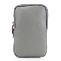 A gray pebbled leather pouch with a top zipper, shown against a plain white background.