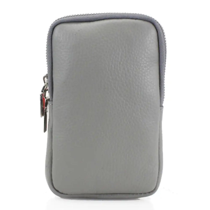 A gray pebbled leather pouch with a top zipper, shown against a plain white background.
