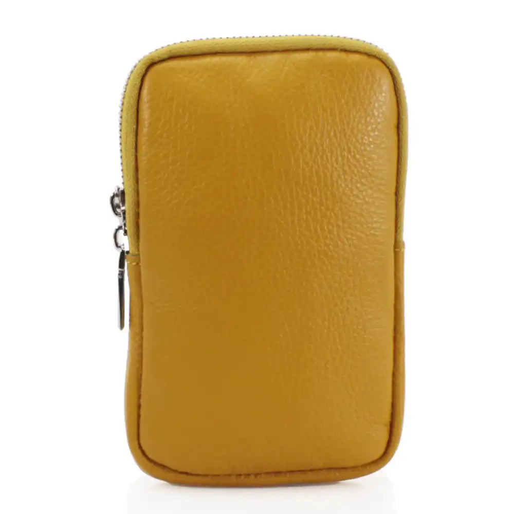 A small rectangular yellow faux-leather pouch with a top zipper, shown against a plain white background.