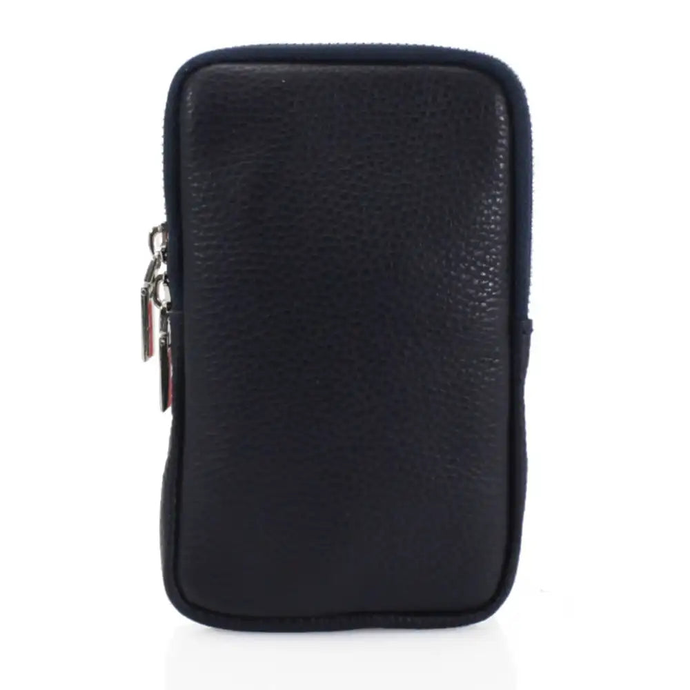 A black pebbled leather phone pouch with a vertical rectangular shape, featuring a silver zipper pull on the left side, set against a plain white background.