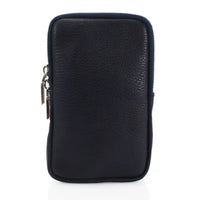 A black pebbled leather phone pouch with a vertical rectangular shape, featuring a silver zipper pull on the left side, set against a plain white background.