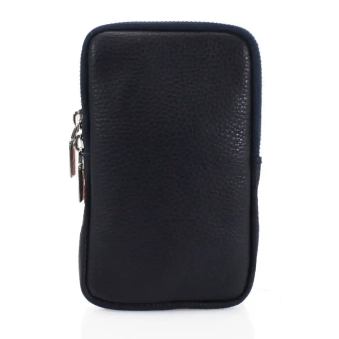 A black pebbled leather phone pouch with a vertical rectangular shape, featuring a silver zipper pull on the left side, set against a plain white background.