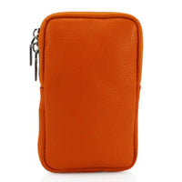 A bright orange pebbled leather phone pouch with a silver zipper pull, shown against a plain white background.