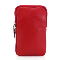 A red pebbled leather zippered pouch or phone case, shown from the front on a clean white background.