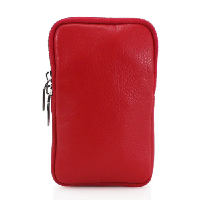 A red pebbled leather zippered pouch or phone case, shown from the front on a clean white background.