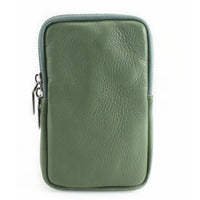 An olive green pebbled leather zippered pouch with a silver zipper pull, shown against a plain white background.