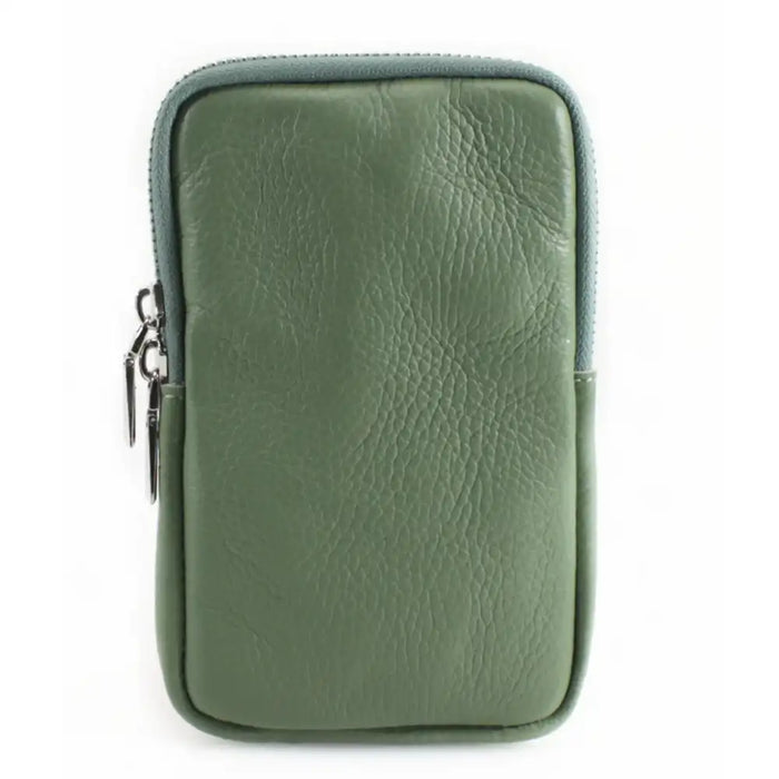 An olive green pebbled leather zippered pouch with a silver zipper pull, shown against a plain white background.