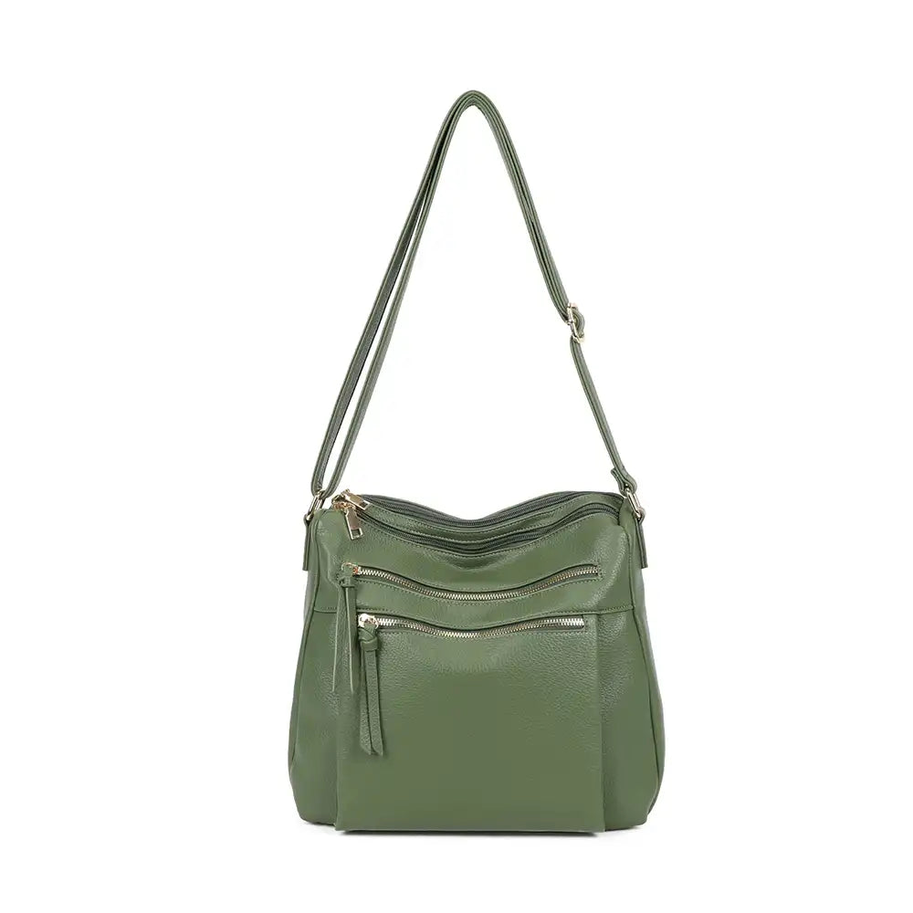 Slouched Triple Zip Shoulder Bag - Green