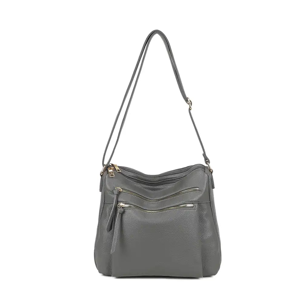 Slouched Triple Zip Shoulder Bag - Grey