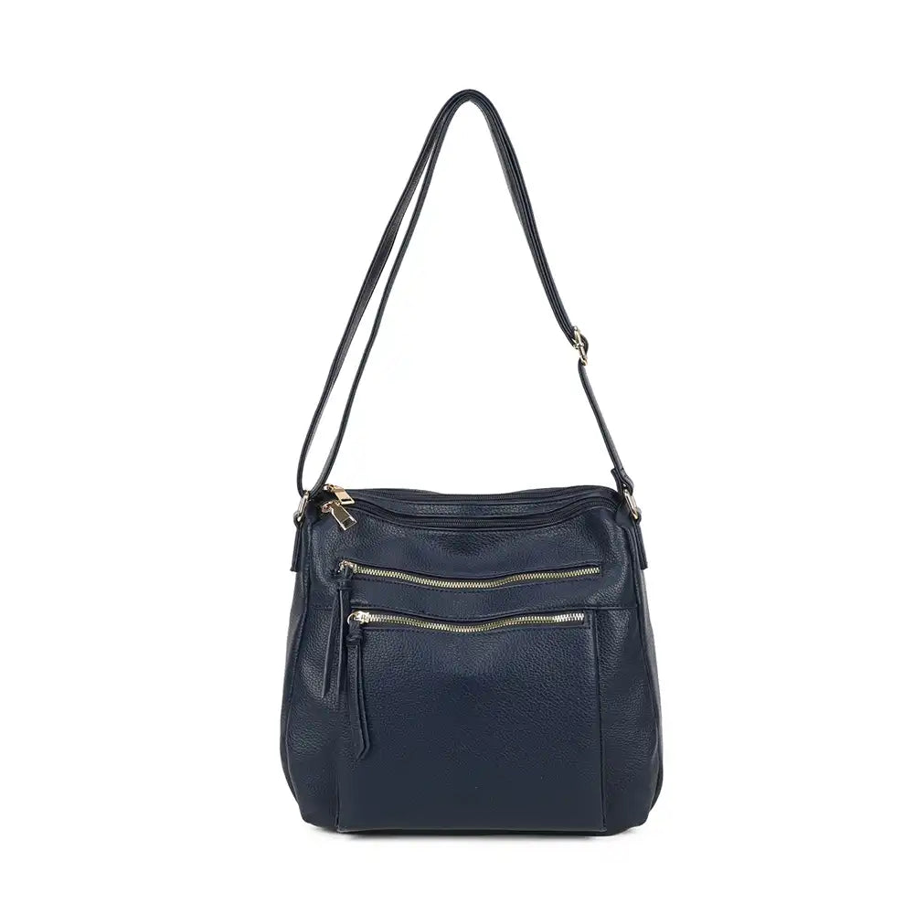 A navy blue pebbled leather crossbody handbag with a single shoulder strap and gold-tone hardware, shown against a plain white background.