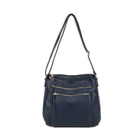 A navy blue pebbled leather crossbody handbag with a single shoulder strap and gold-tone hardware, shown against a plain white background.
