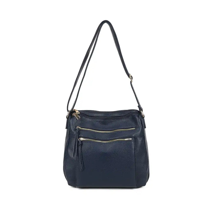A navy blue pebbled leather crossbody handbag with a single shoulder strap and gold-tone hardware, shown against a plain white background.