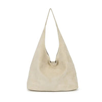 A beige suede hobo shoulder bag with a single strap, photographed against a plain white background.