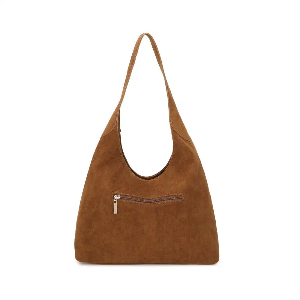 A medium brown suede hobo shoulder bag with a front zippered pocket, shown against a plain white background.