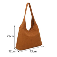 A brown suede-like slouchy shoulder bag with dimension markings showing a height of 27cm, width of 43cm, and depth of 12cm on a white background.