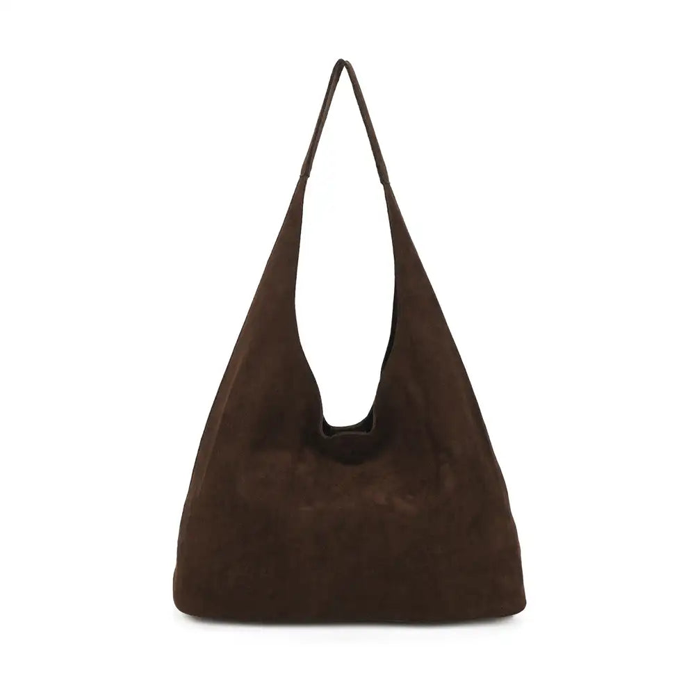 A dark brown suede hobo shoulder bag with a single strap, photographed against a solid white background.