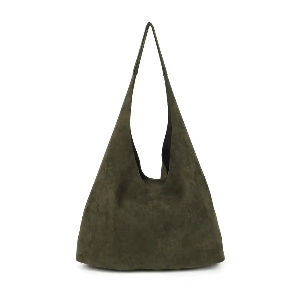 An olive green suede hobo shoulder bag with a single strap, photographed against a plain white background.