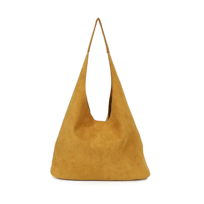 A tan suede hobo shoulder bag with a single strap, photographed against a plain white background.
