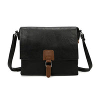 Black leather crossbody bag with brown accents on a white background