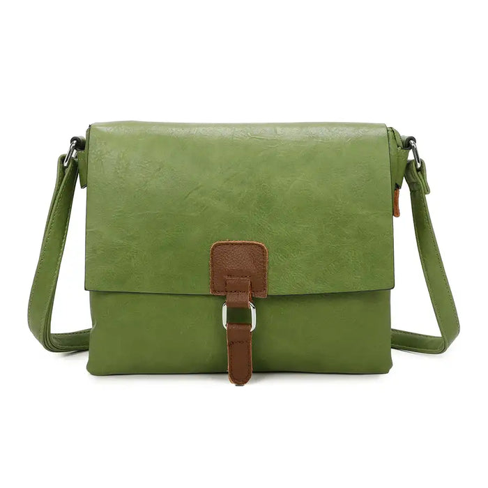 An olive green faux-leather crossbody bag with a brown leather strap closure and silver buckle, shown on a plain white background.