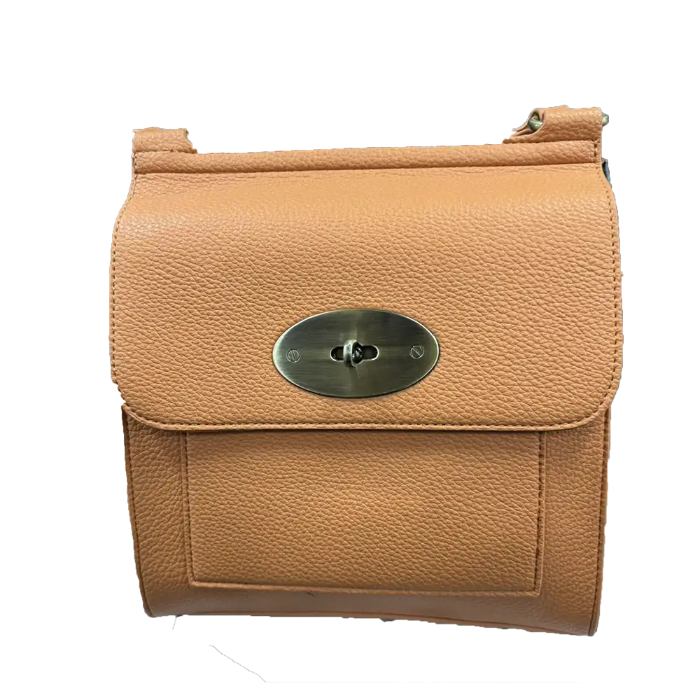 A tan pebbled leather shoulder bag with a silver-tone oval turn-lock closure on the front flap, shown against a plain white background.