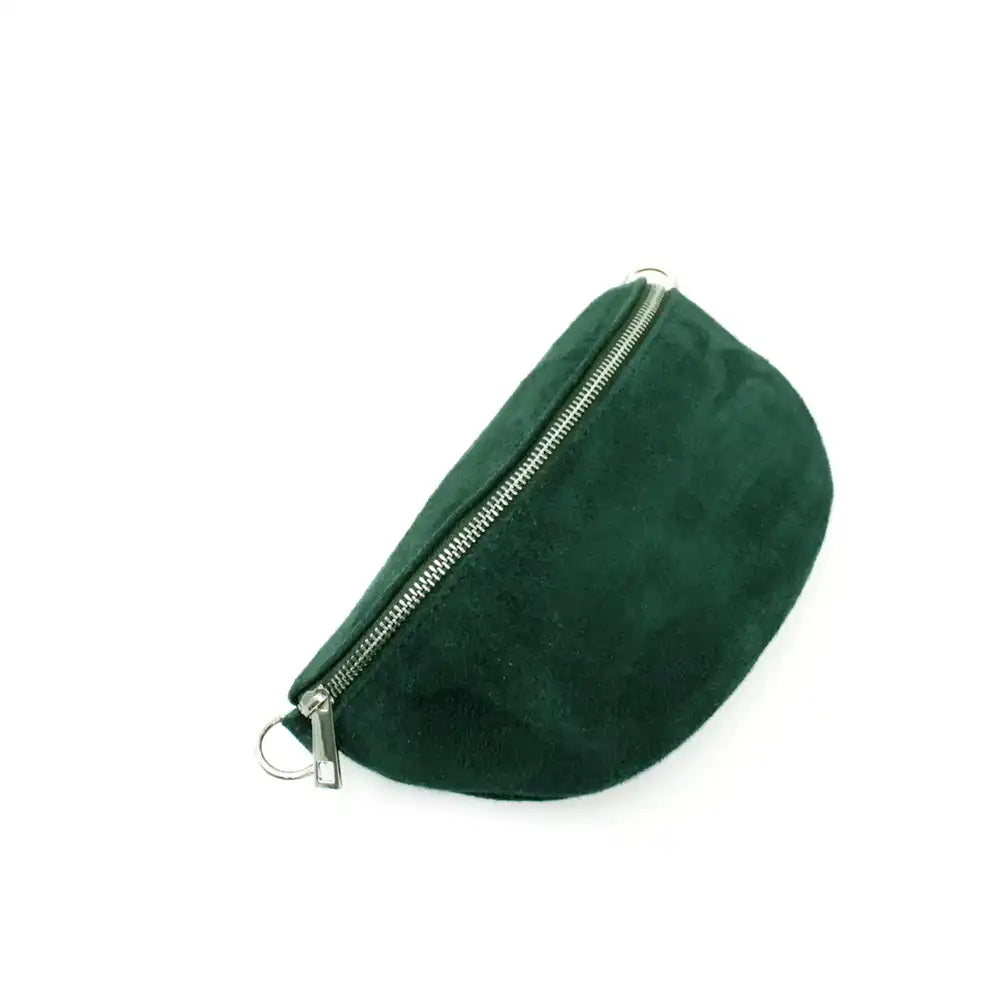 Half moon shaped bag in a suede green. Zip fastening over the top with silver hardware. 