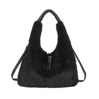 Black faux fur shoulder bag with black leather look handles and a front zipper, shown on a plain white background.