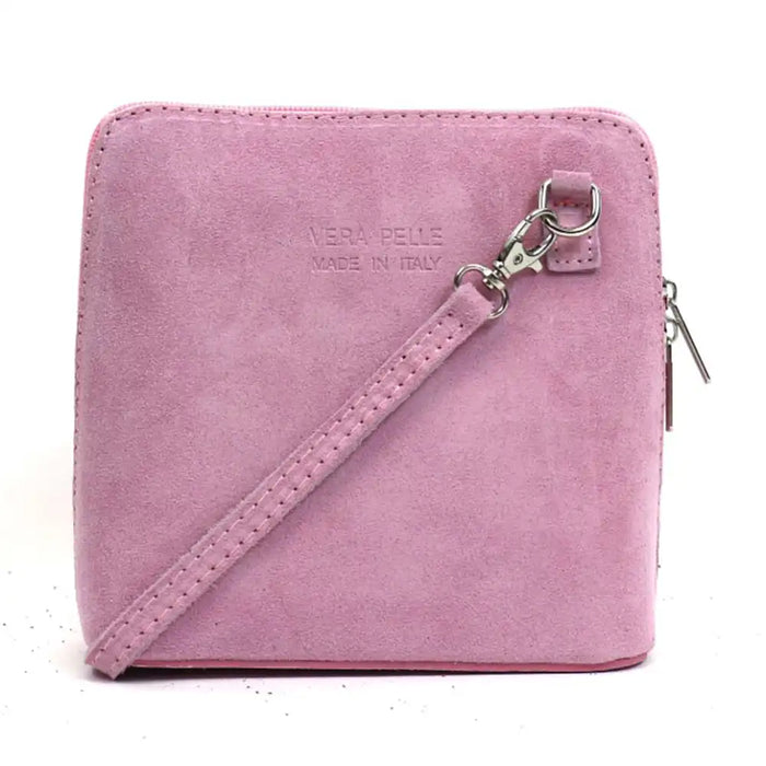 Pale pink suede bag with 'Vera Pelle' on the front. 