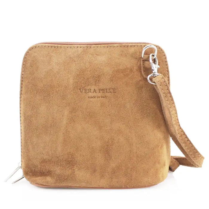 Brown suede handbag with 'Vera Pelle' branding on a white background