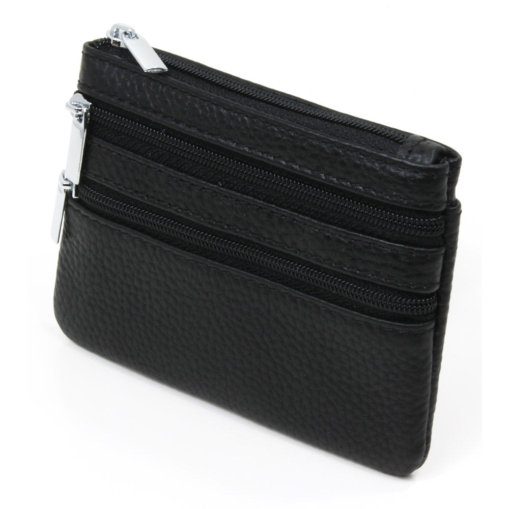 Leather Triple Zip Small Purse Black