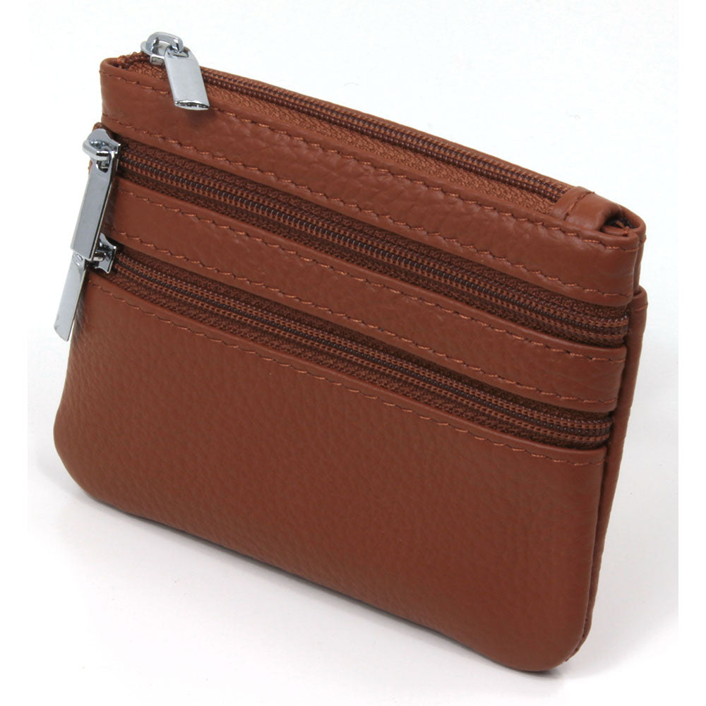 Leather Triple Zip Purse - Brown