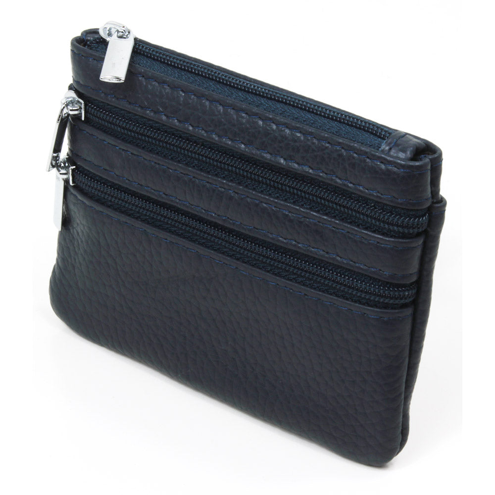 Leather Triple Zip Purse - Navy