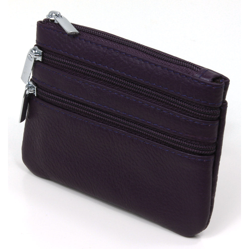 Leather Triple Zip Purse - Purple