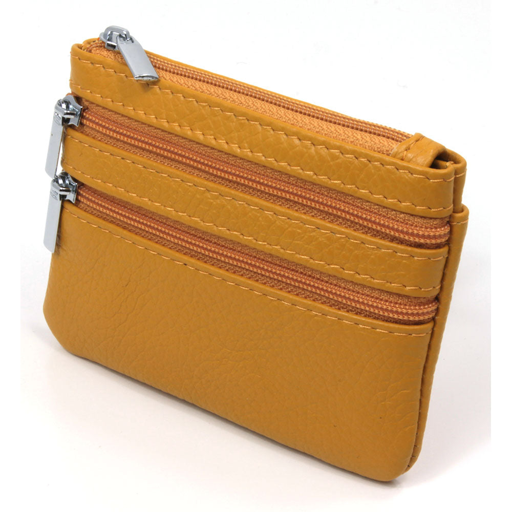 Leather Triple Zip Purse- Yellow