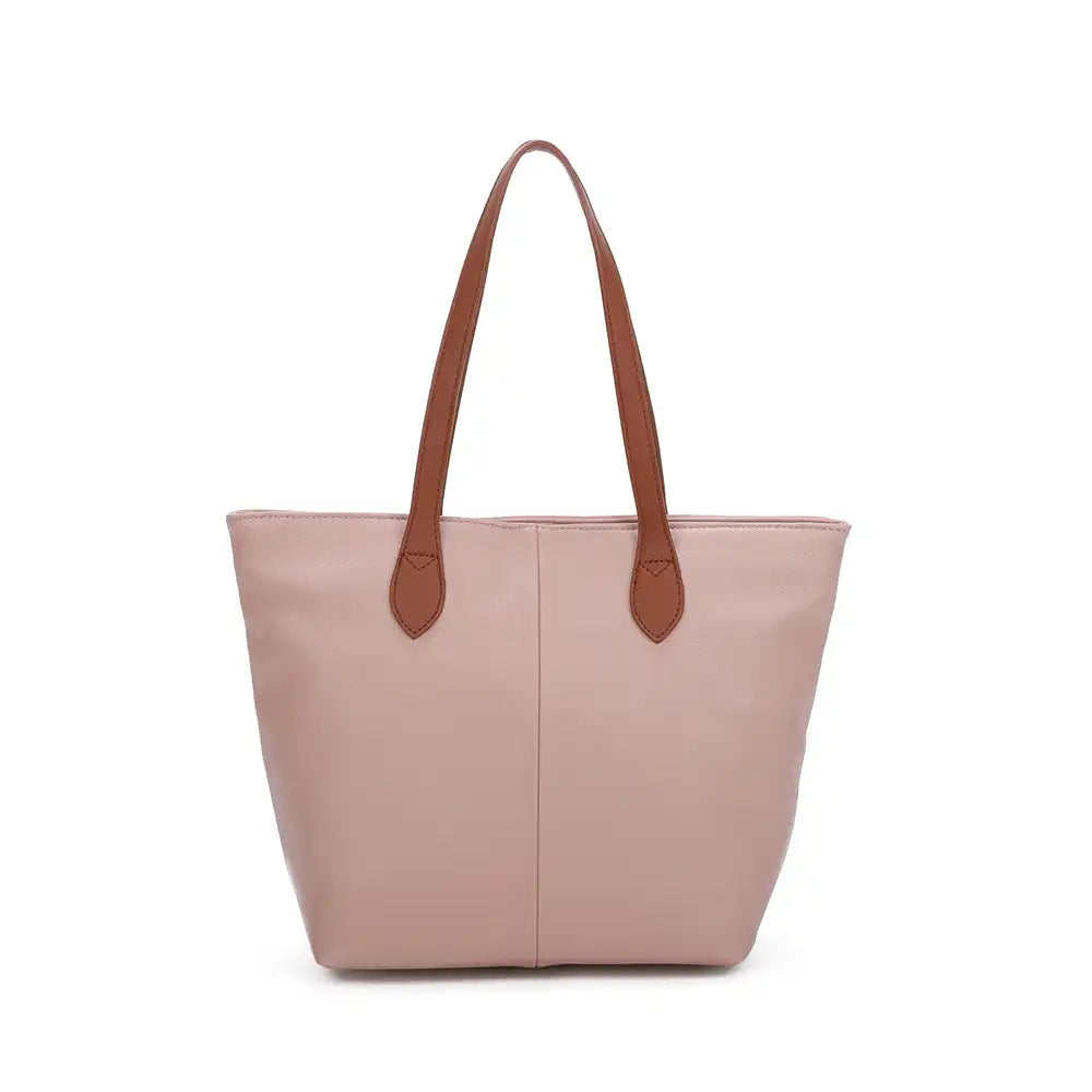 Pink tote bag with brown handles on a white background