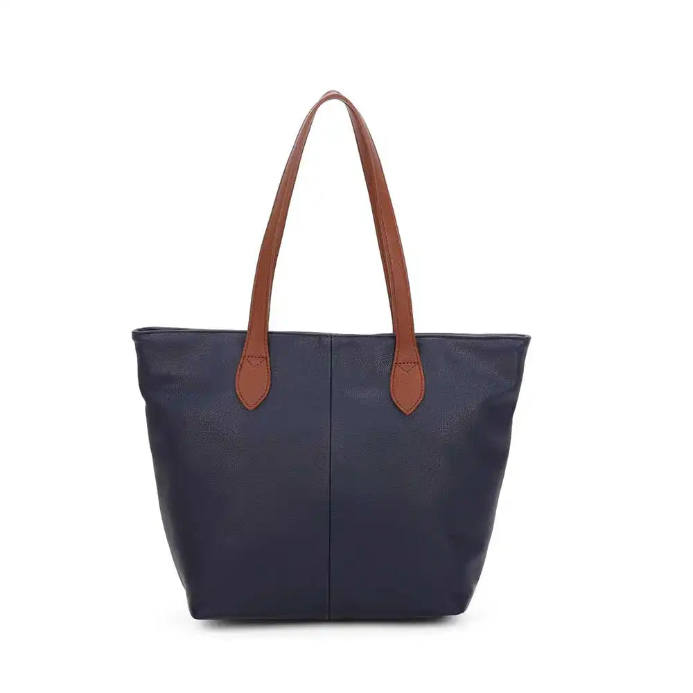 Navy tote bag with brown handles on a white background