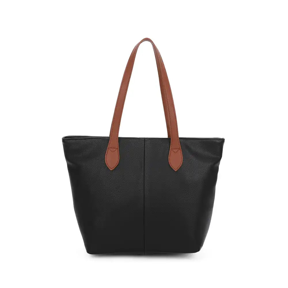 Black tote bag with tan brown shoulder straps. On a white background.