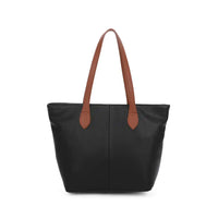 Black tote bag with tan brown shoulder straps. On a white background.