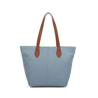 Pale Blue tote bag with tan brown shoulder straps. On a white background.