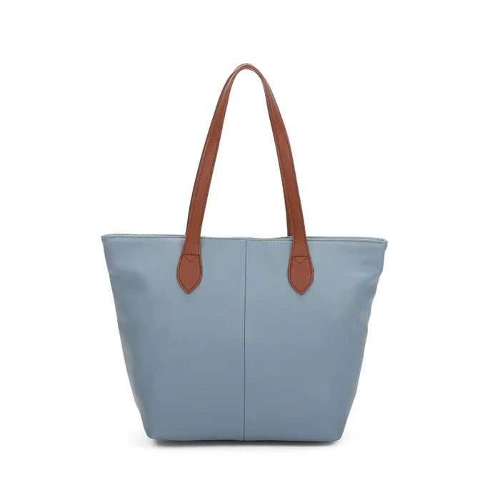 Pale Blue tote bag with tan brown shoulder straps. On a white background.