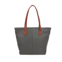 Grey tote bag with brown faux leather handles on a white background