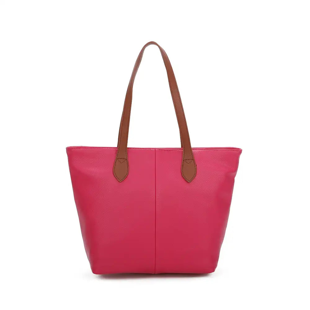 Fuchsia tote bag with tan brown shoulder straps. On a white background.