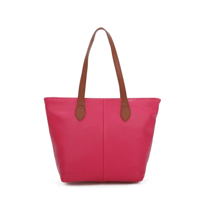 Fuchsia tote bag with tan brown shoulder straps. On a white background.