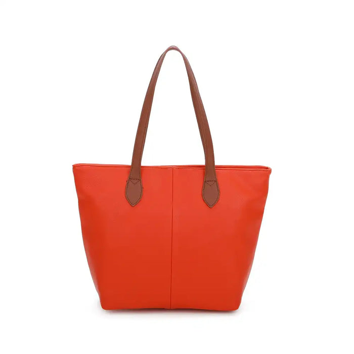 Orange tote bag with tan brown shoulder straps. On a white background.