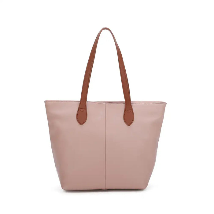 Pale Pink tote bag with tan brown shoulder straps. On a white background.