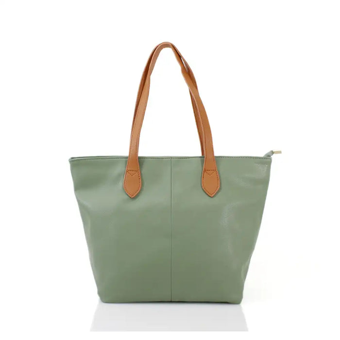 Sage tote bag with tan brown shoulder straps. On a white background.