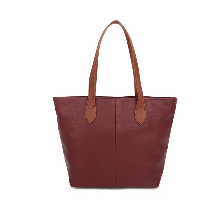 A burgundy leather tote bag with tan shoulder straps, shown against a plain white background.