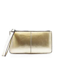Gold clutch bag with a strap on a white background