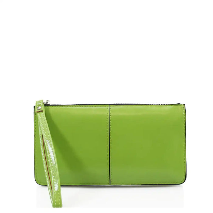 Lime green clutch purse with wrist strap.